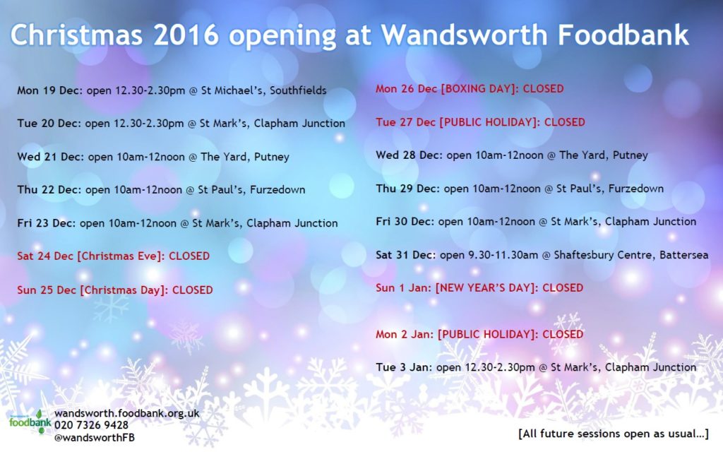 Christmas Opening times at Wandsworth Foodbank